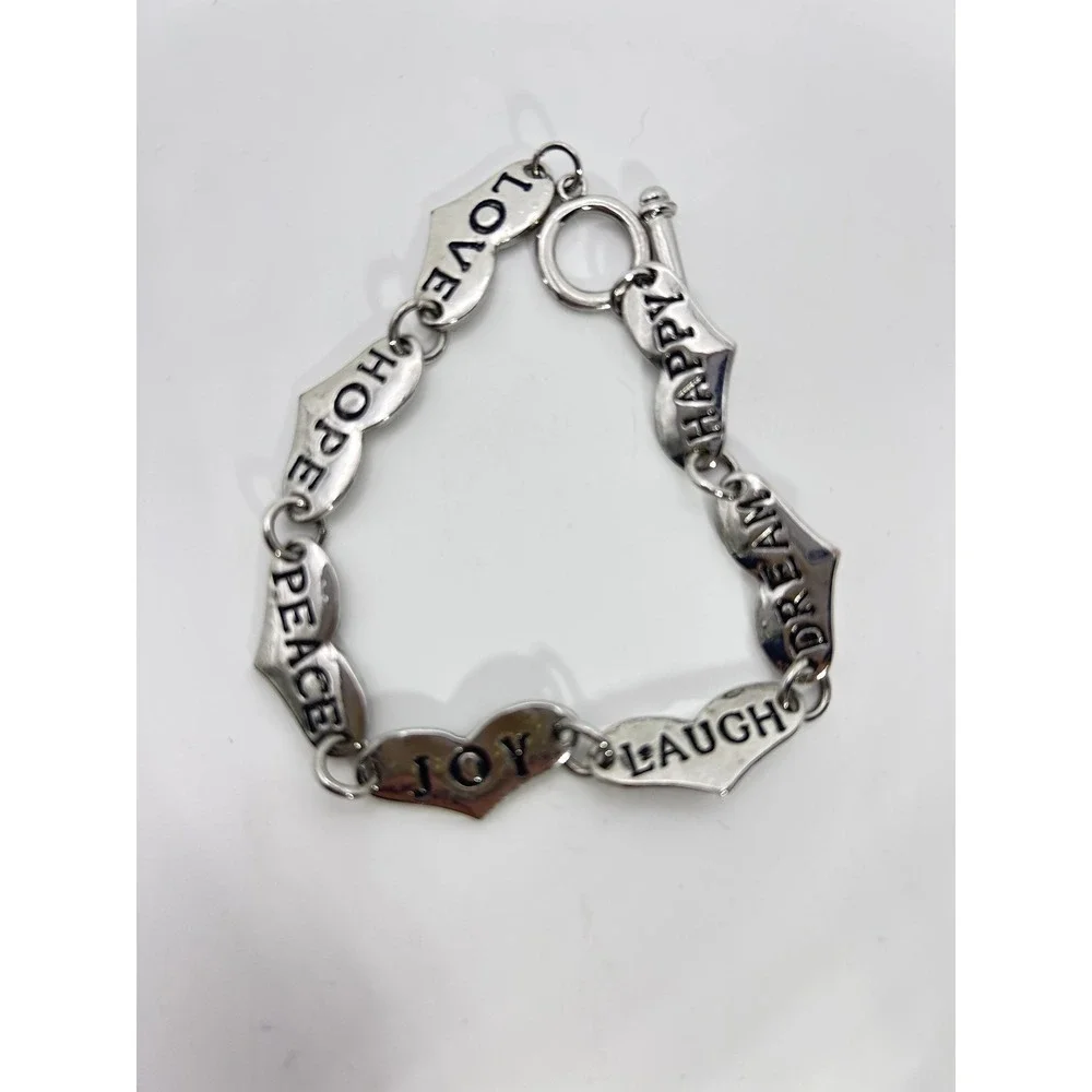 Bracelet Silver Tone Heart Charm PEACE JOY LAUGH DREAM Jewelry Lobster Clasp